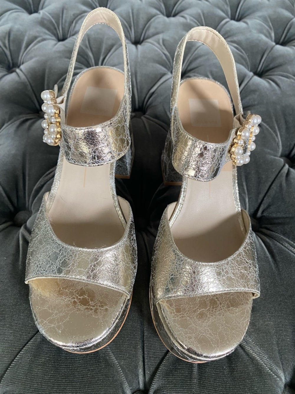 Dolce Vita Metallic Gold Pearl-Embellished Platform Sandals